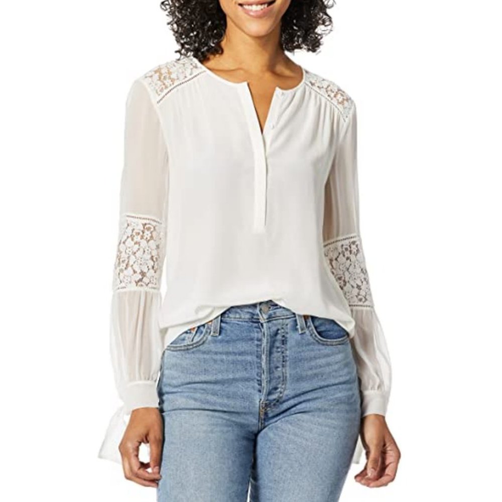 Rebecca Taylor ~ Sarah Silk Lace Panel Long Sleeve Henley Blouse Shirt
